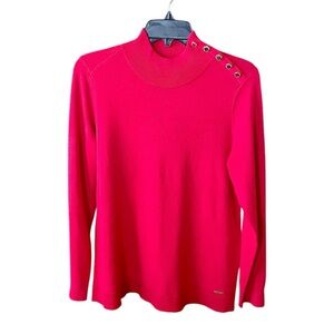 Calvin Klein long sleeve mock neck sweater gold button shoulder detail SZ M red